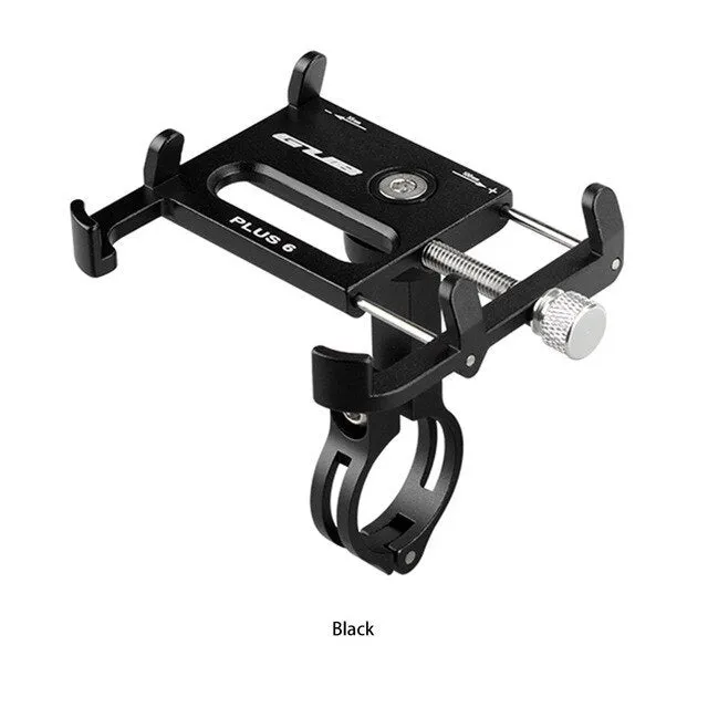 Black aluminium motorcycle phone holder mounted on handlebars, showing adjustable clamp and rotating joint.