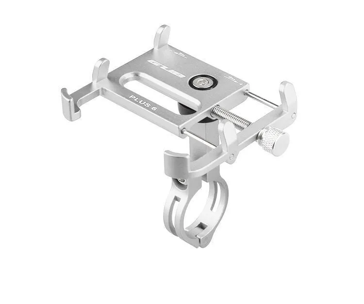 Black aluminium motorcycle phone holder mounted on handlebars, showing adjustable clamp and rotating joint.