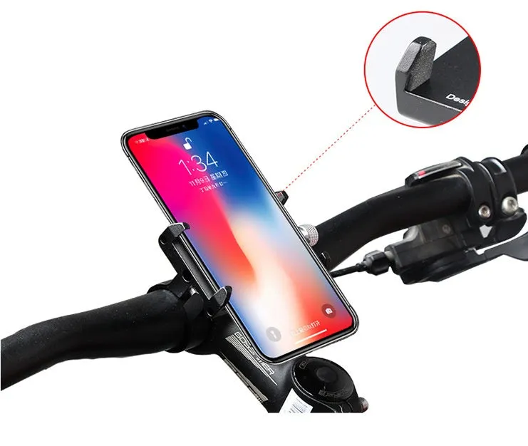 Black aluminium motorcycle phone holder mounted on handlebars, showing adjustable clamp and rotating joint.