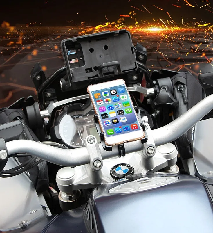 Black aluminium motorcycle phone holder mounted on handlebars, showing adjustable clamp and rotating joint.