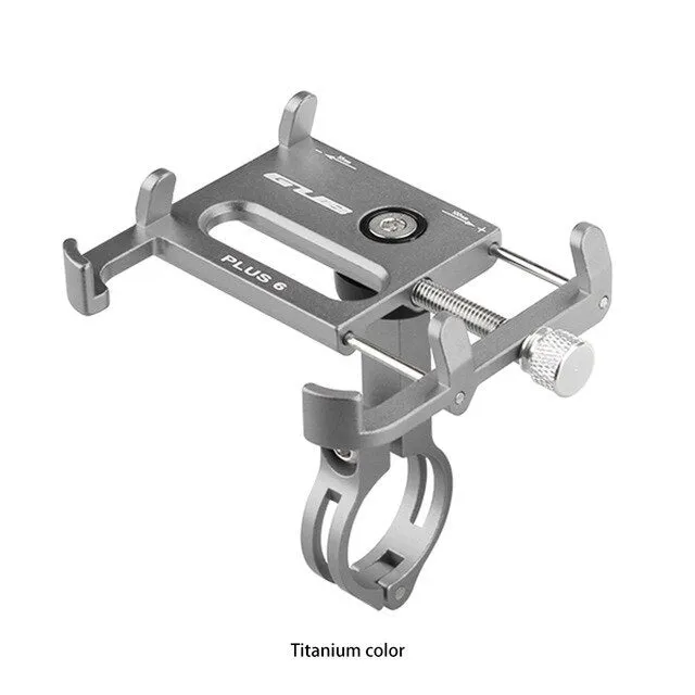Black aluminium motorcycle phone holder mounted on handlebars, showing adjustable clamp and rotating joint.