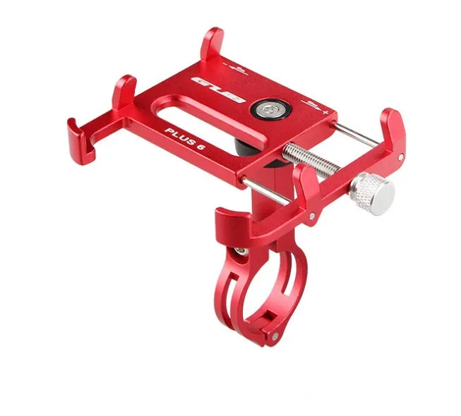 Black aluminium motorcycle phone holder mounted on handlebars, showing adjustable clamp and rotating joint.