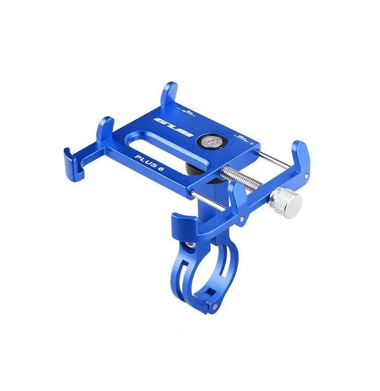Black aluminium motorcycle phone holder mounted on handlebars, showing adjustable clamp and rotating joint.