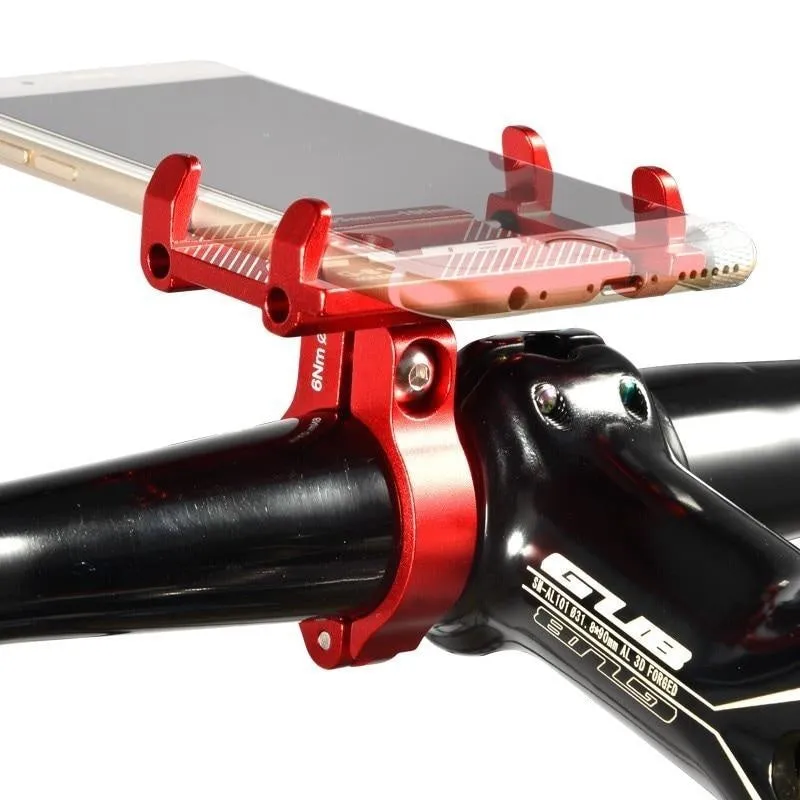 Black aluminium motorcycle phone holder mounted on handlebars, showing adjustable clamp and rotating joint.