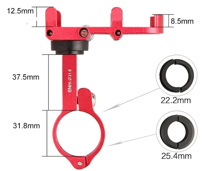 Black aluminium motorcycle phone holder mounted on handlebars, showing adjustable clamp and rotating joint.
