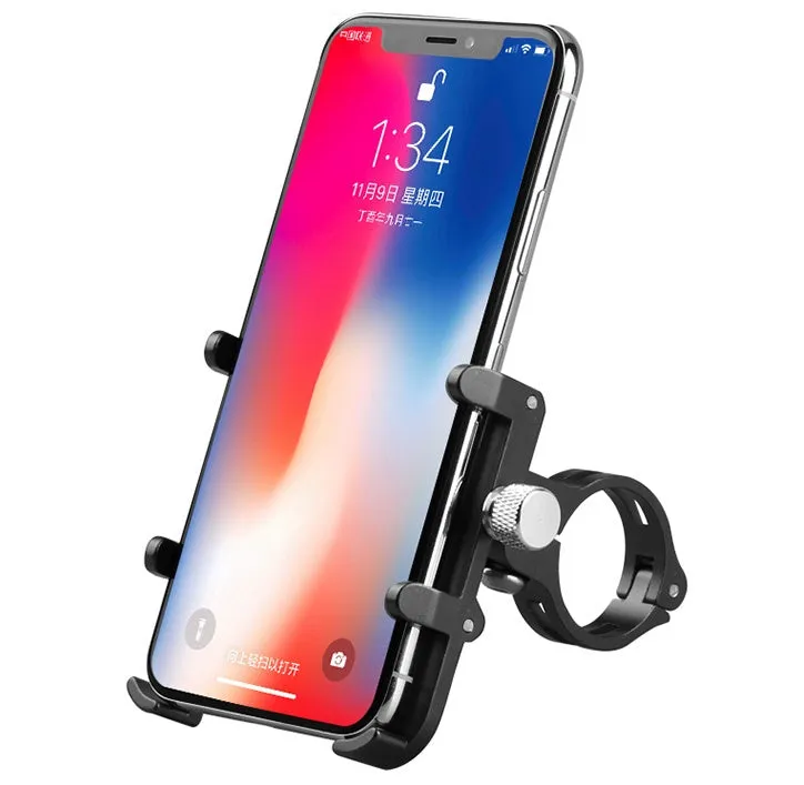 Black aluminium motorcycle phone holder mounted on handlebars, showing adjustable clamp and rotating joint.