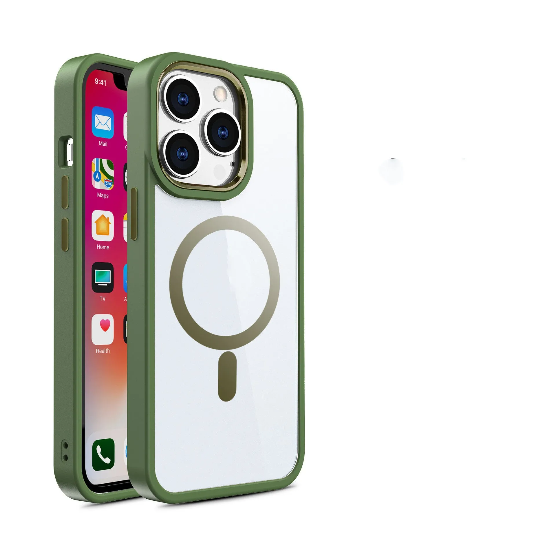 Slim magnetic transparent silicone phone case for iPhone on a MagSafe charger, showing raised edge protection.