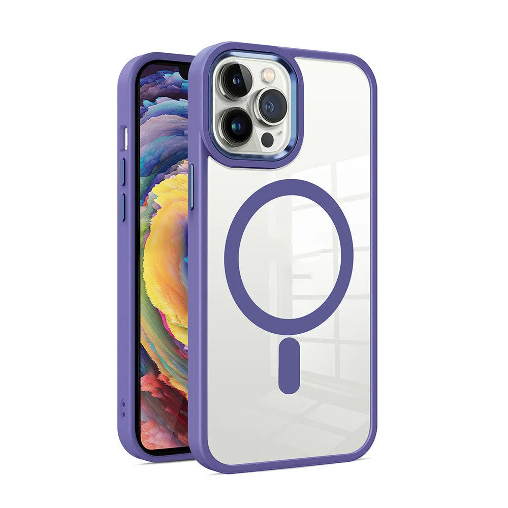 Slim magnetic transparent silicone phone case for iPhone on a MagSafe charger, showing raised edge protection.