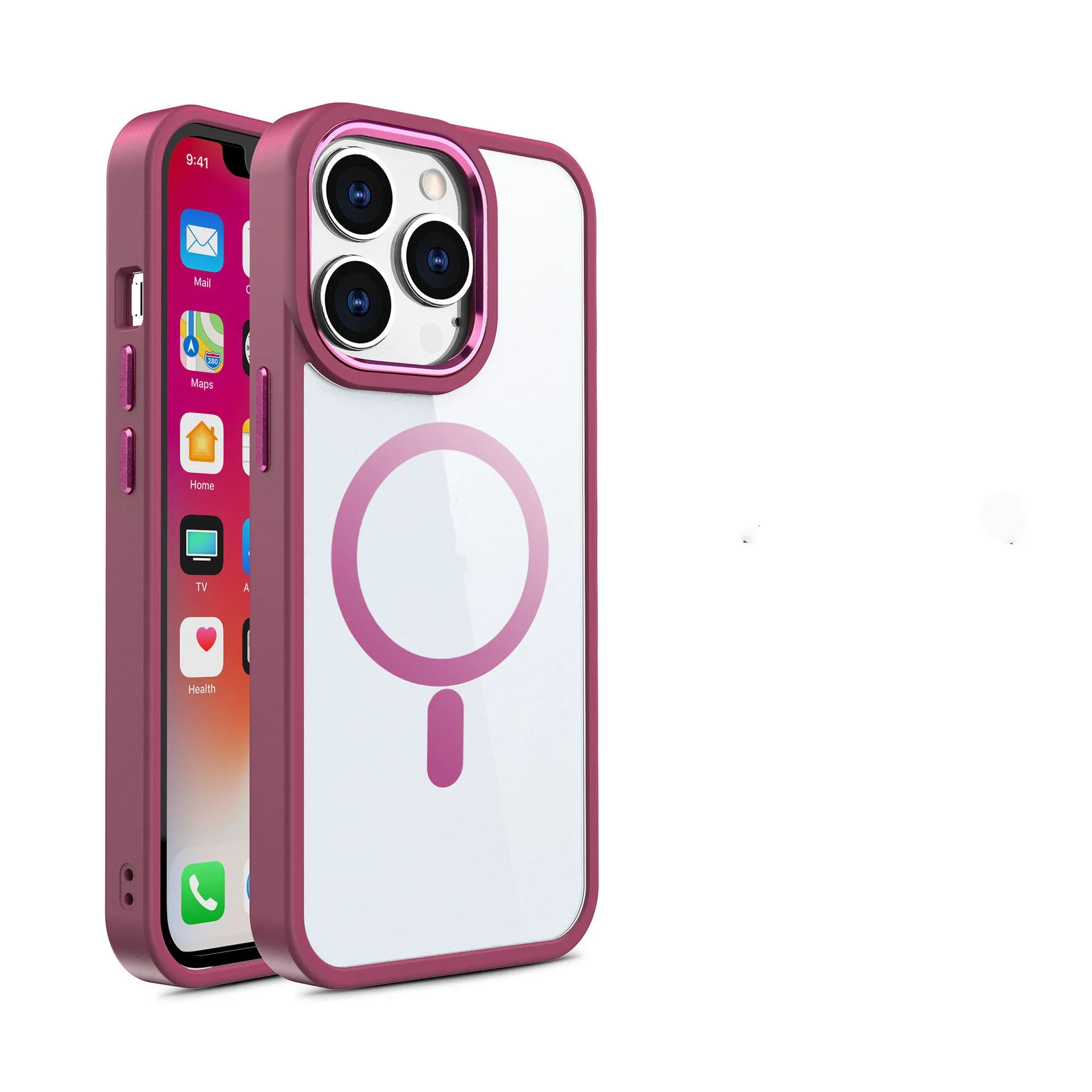 Slim magnetic transparent silicone phone case for iPhone on a MagSafe charger, showing raised edge protection.