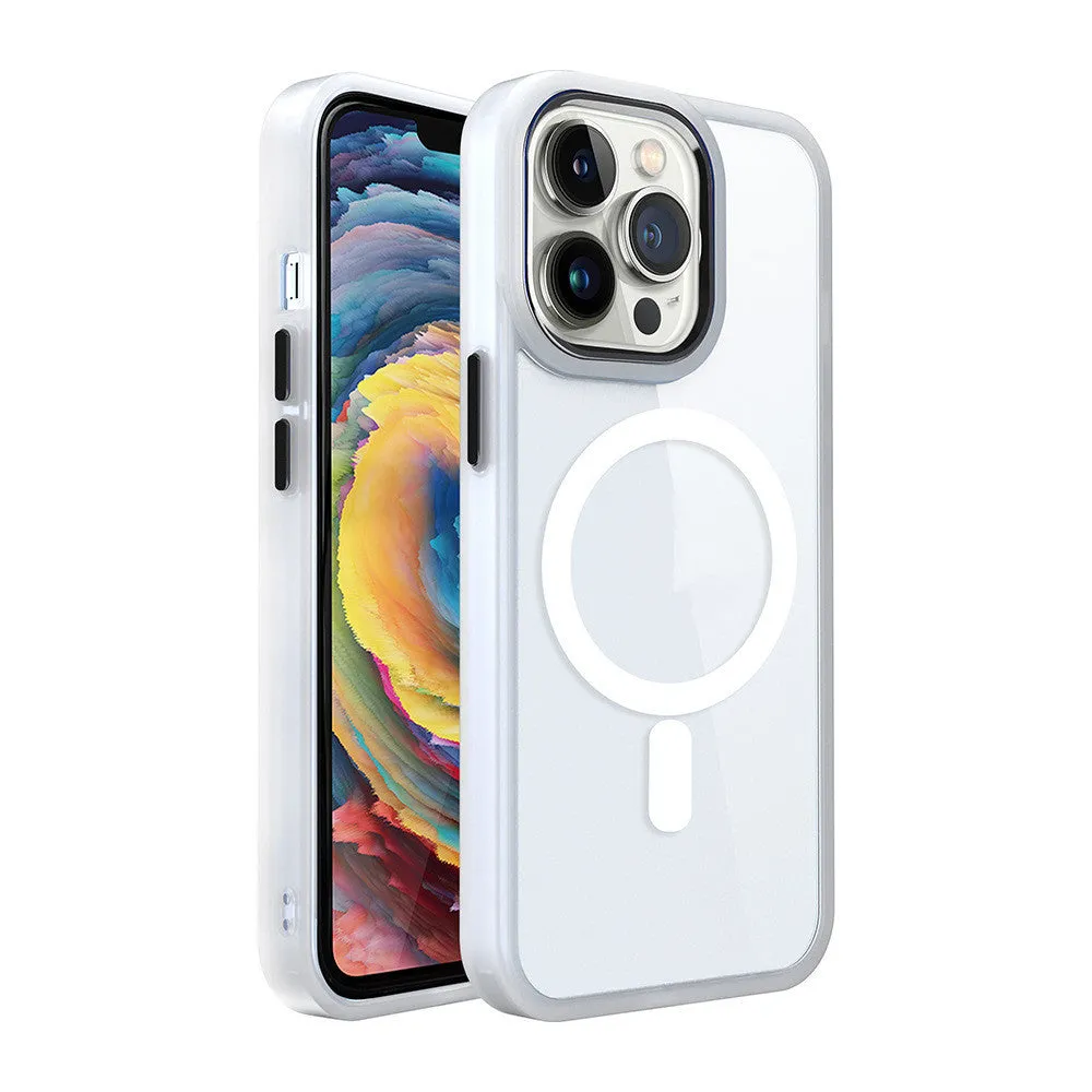 Slim magnetic transparent silicone phone case for iPhone on a MagSafe charger, showing raised edge protection.