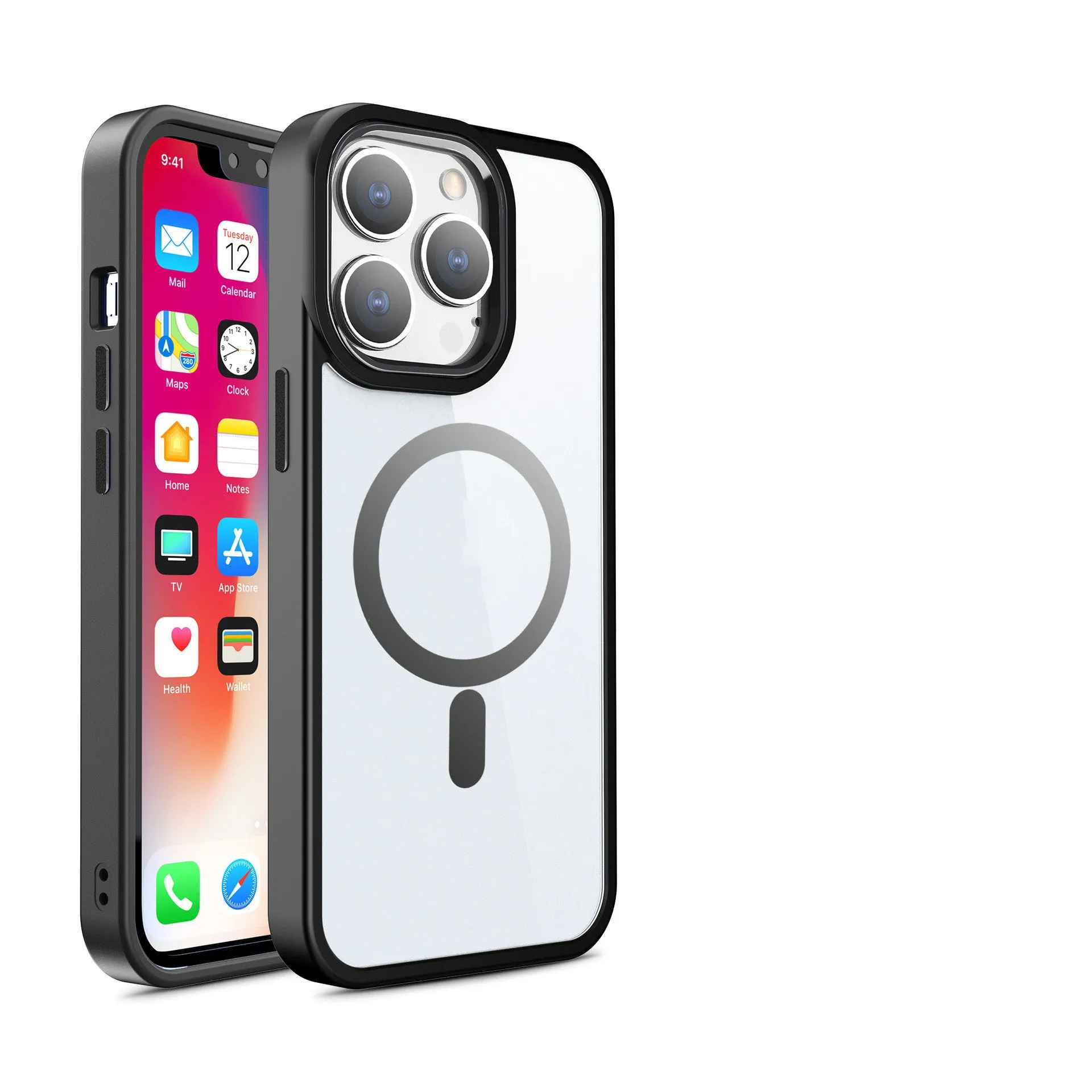 Slim magnetic transparent silicone phone case for iPhone on a MagSafe charger, showing raised edge protection.