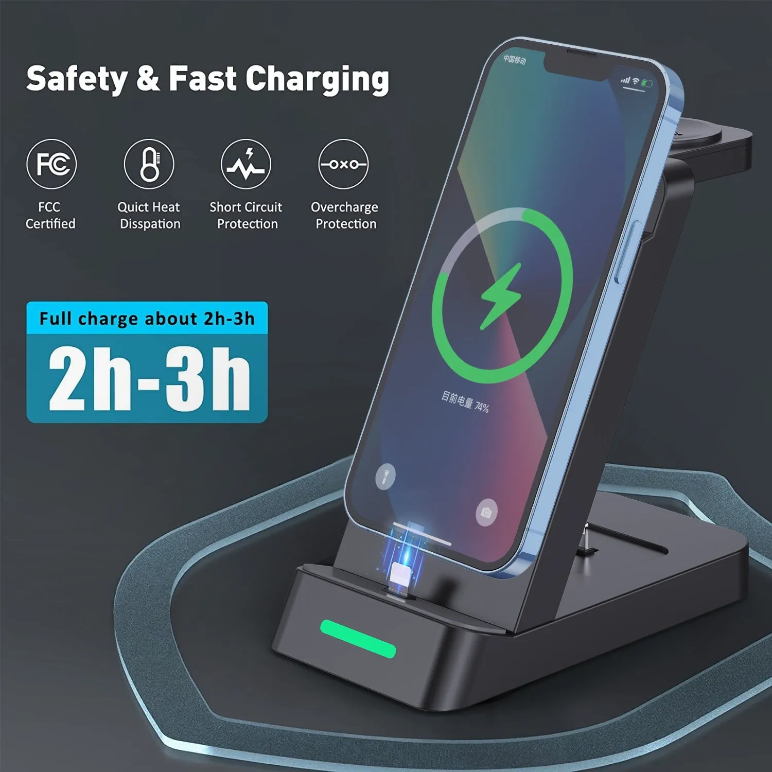 Black and white 3-in-1 wireless charging station with phone stand, showing charging areas for phone, watch, and earbuds.