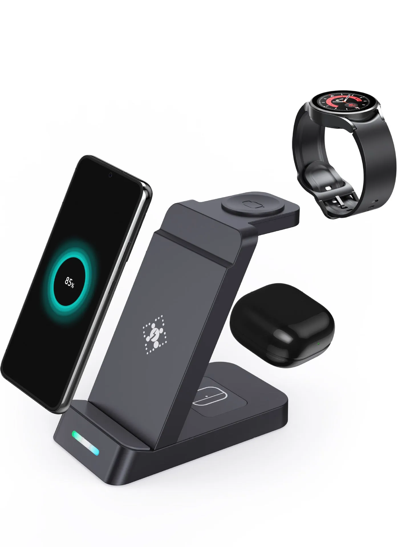 Black and white 3-in-1 wireless charging station with phone stand, showing charging areas for phone, watch, and earbuds.