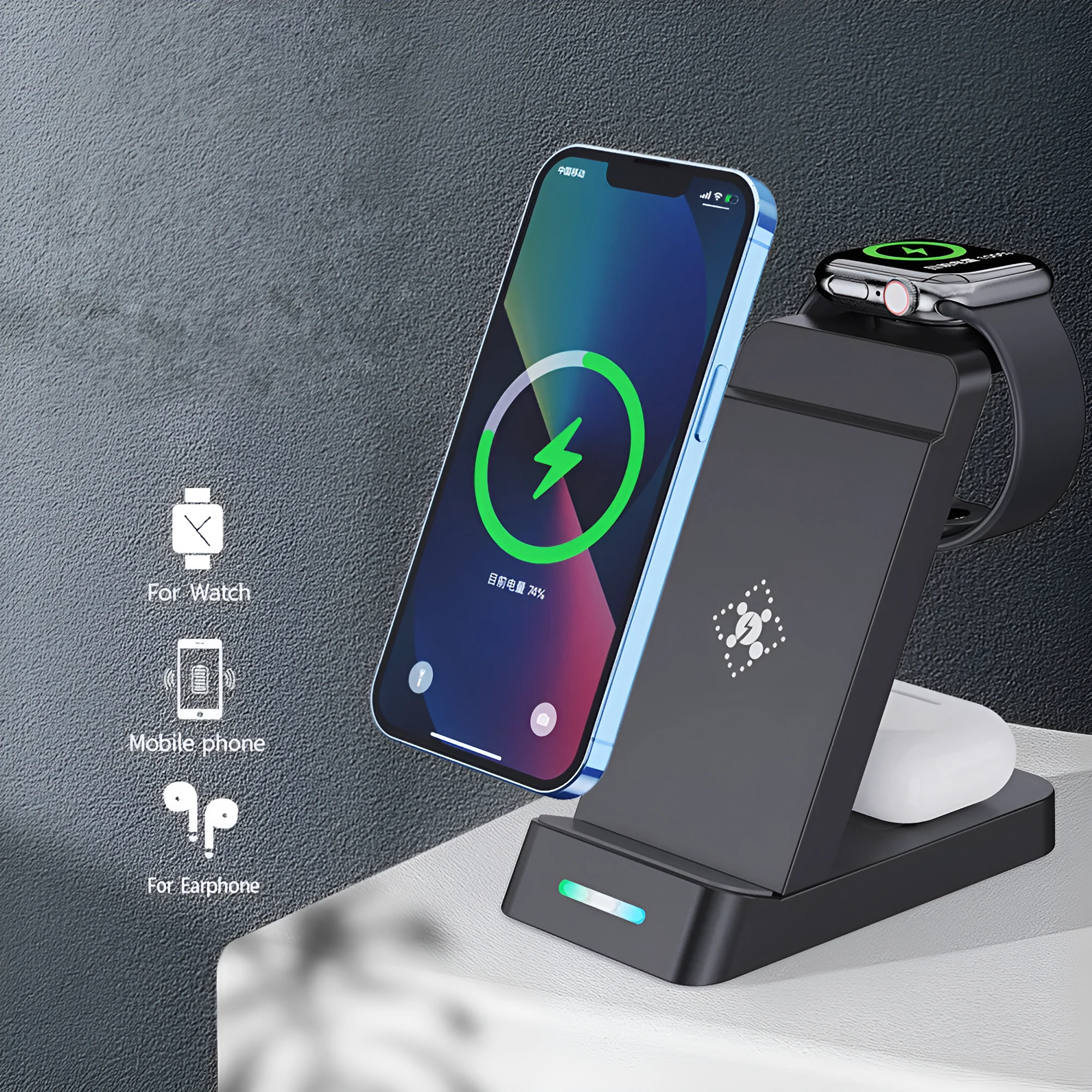 Black and white 3-in-1 wireless charging station with phone stand, showing charging areas for phone, watch, and earbuds.