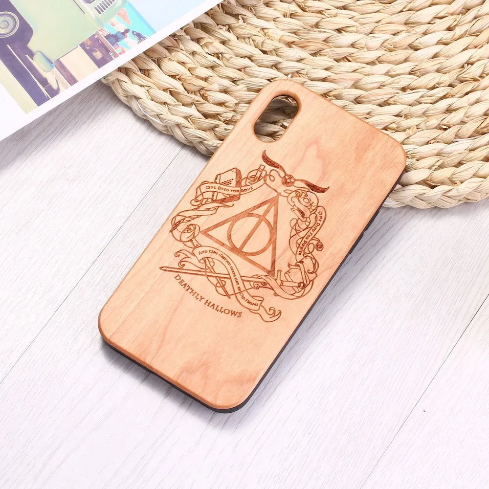 Wooden phone case with laser carving details for iPhone and Samsung smartphones in cherry or rosewood.
