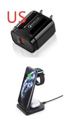 Black foldable three-in-one wireless charger for mobile phone, watch, and headphones with USB cable