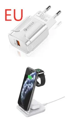 Black foldable three-in-one wireless charger for mobile phone, watch, and headphones with USB cable