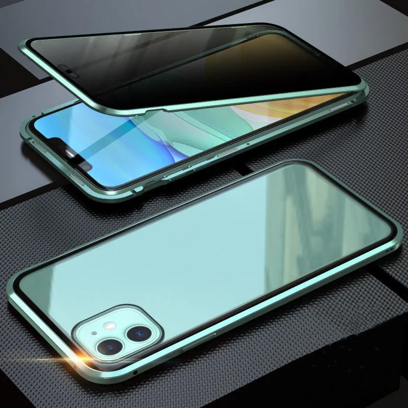 Black double-sided glass magneto clamshell case for iPhone shown open, highlighting the magnetic closure and tempered glass panels.