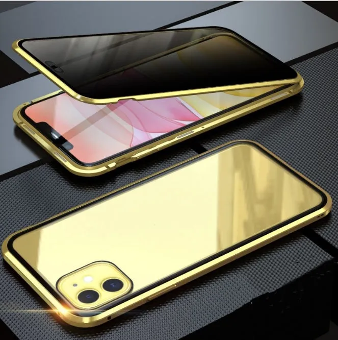 Black double-sided glass magneto clamshell case for iPhone shown open, highlighting the magnetic closure and tempered glass panels.