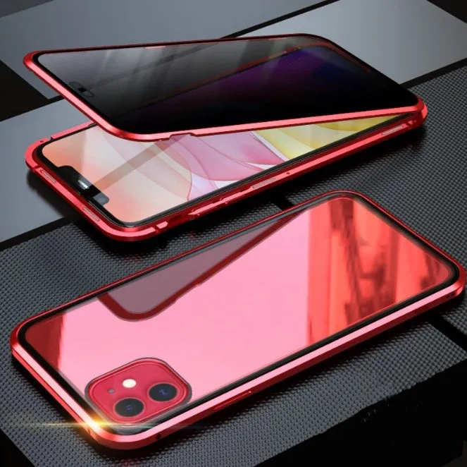 Black double-sided glass magneto clamshell case for iPhone shown open, highlighting the magnetic closure and tempered glass panels.