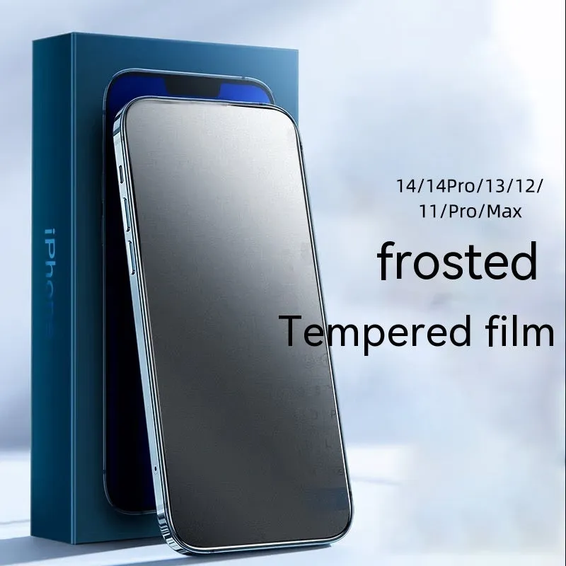 Tempered glass privacy screen protector for iPhone with application box, showing transparent HD, frosted, and peep-proof silk screen variants.