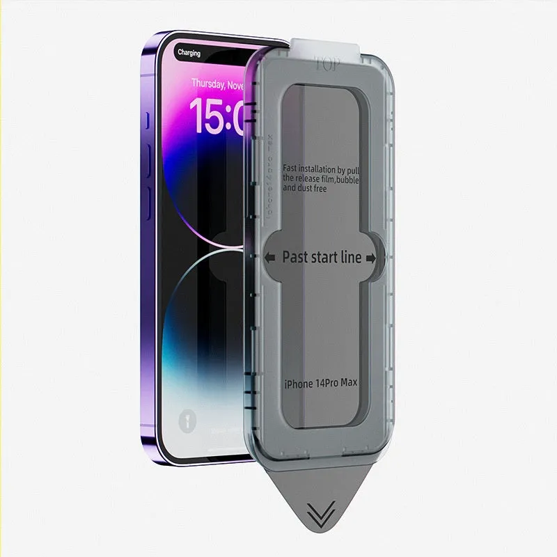 Tempered glass privacy screen protector for iPhone with application box, showing transparent HD, frosted, and peep-proof silk screen variants.