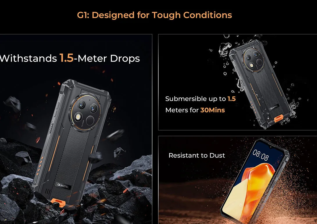OUKITEL G1 Android mobile phone in grey, green, and orange colour options with included charger.