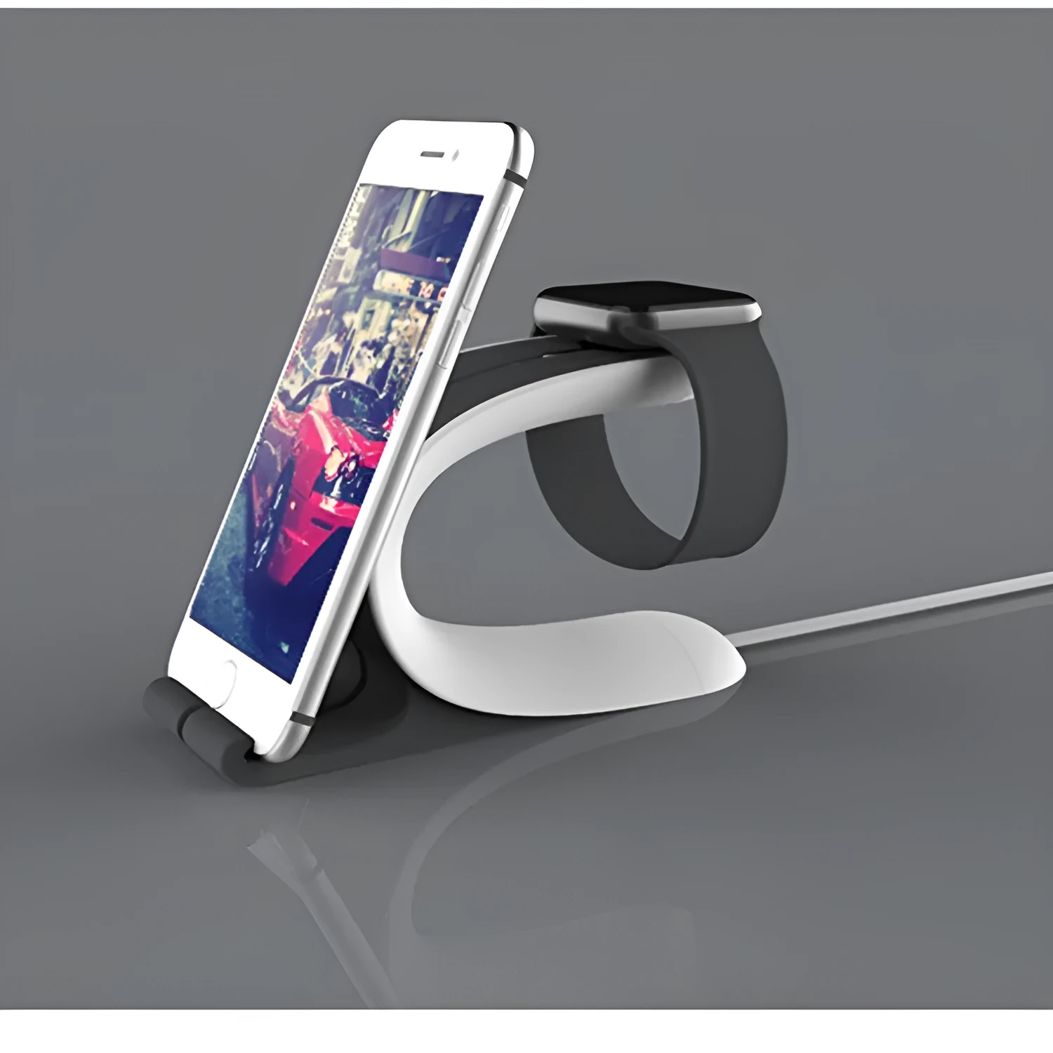 Grey and green Apple iPhone and Apple Watch charging stand on desktop