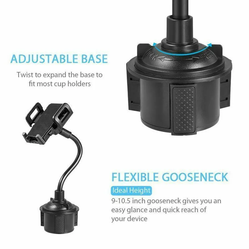 Black universal car phone mount bracket with suction cup, vent clip and adjustable side handles