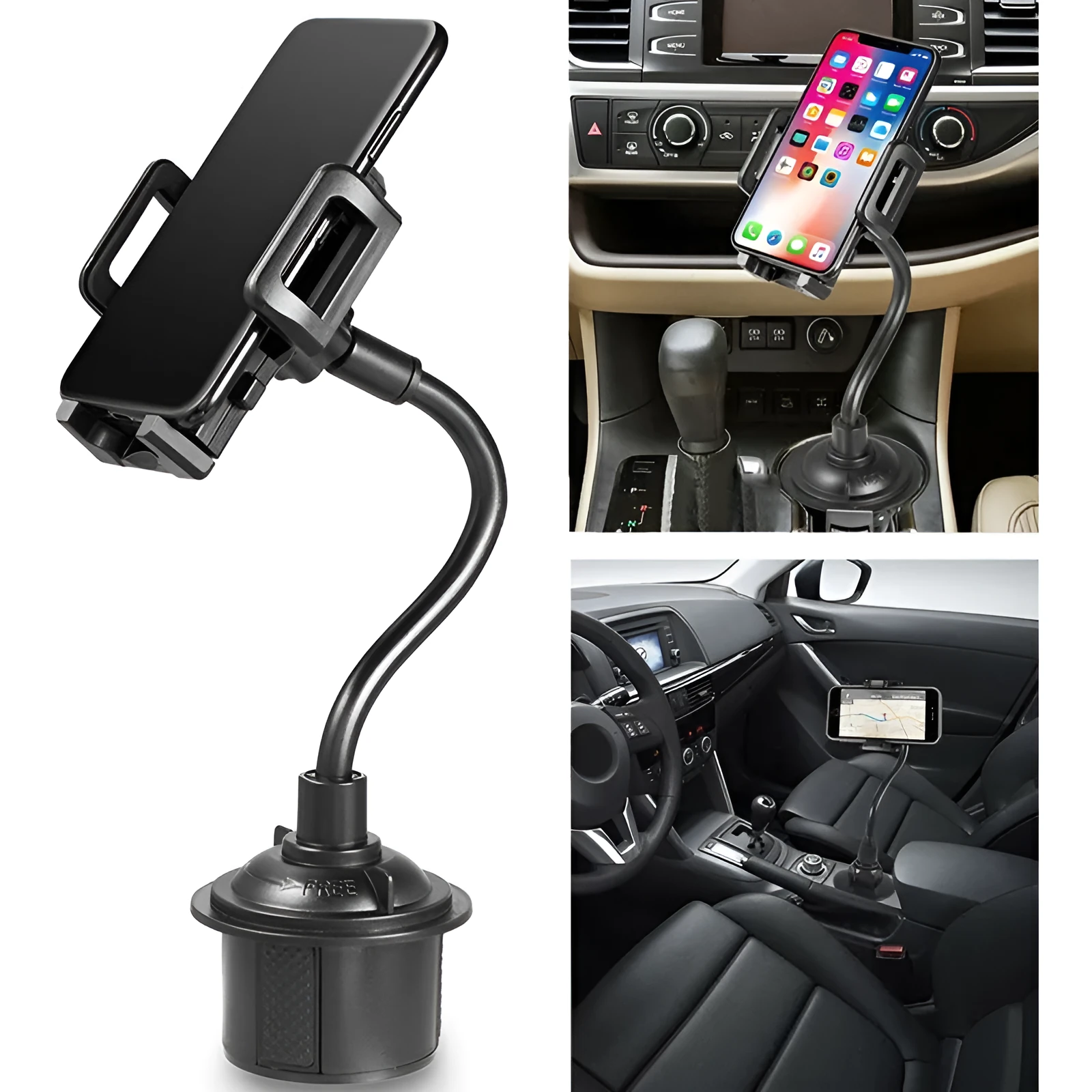 Black universal car phone mount bracket with suction cup, vent clip and adjustable side handles