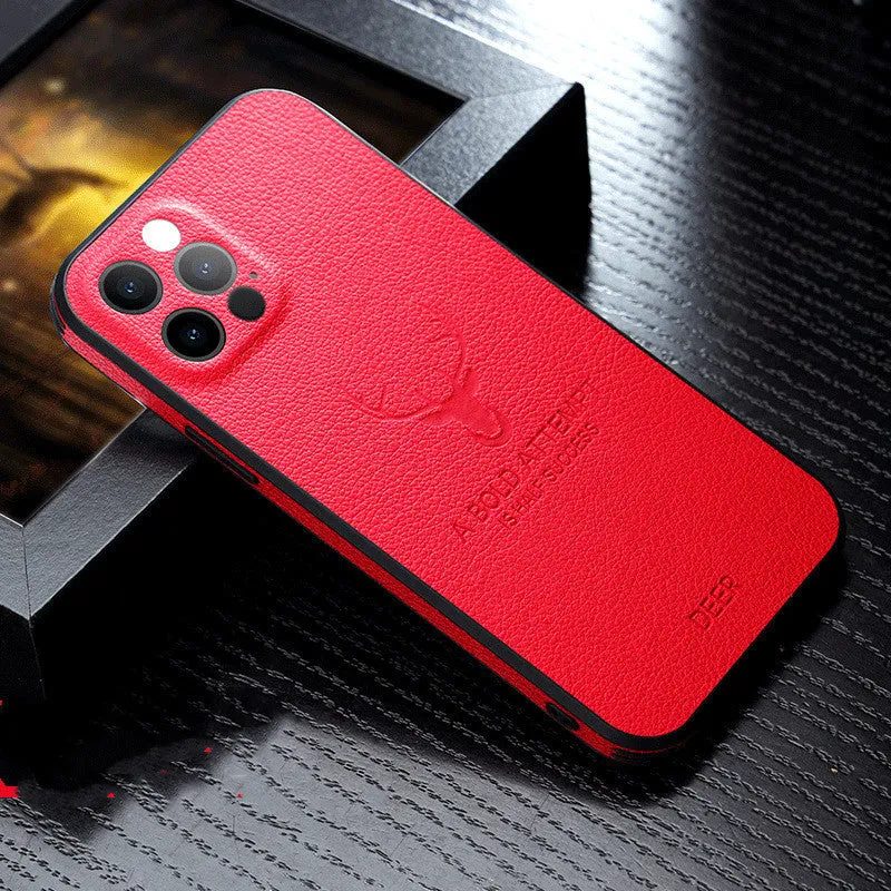 Leather texture square frame iPhone case with Deer camera protection in multiple colour options