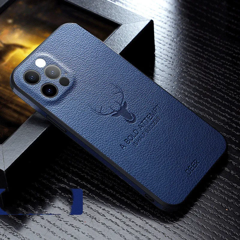 Leather texture square frame iPhone case with Deer camera protection in multiple colour options