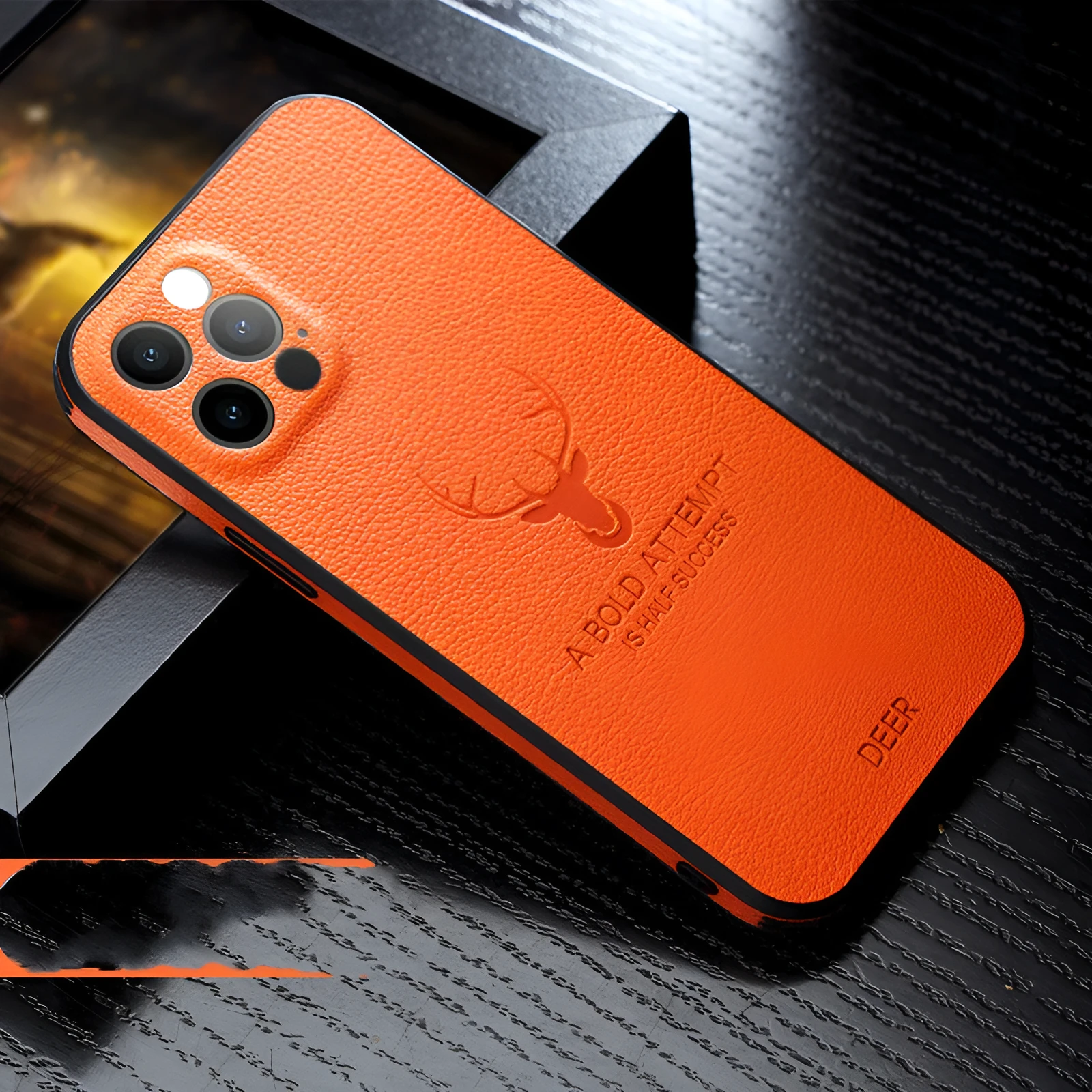 Leather texture square frame iPhone case with Deer camera protection in multiple colour options