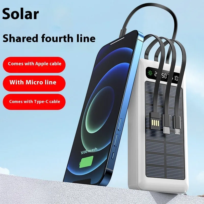 Solar power bank with cable showing industrial design in black, white, and green colours