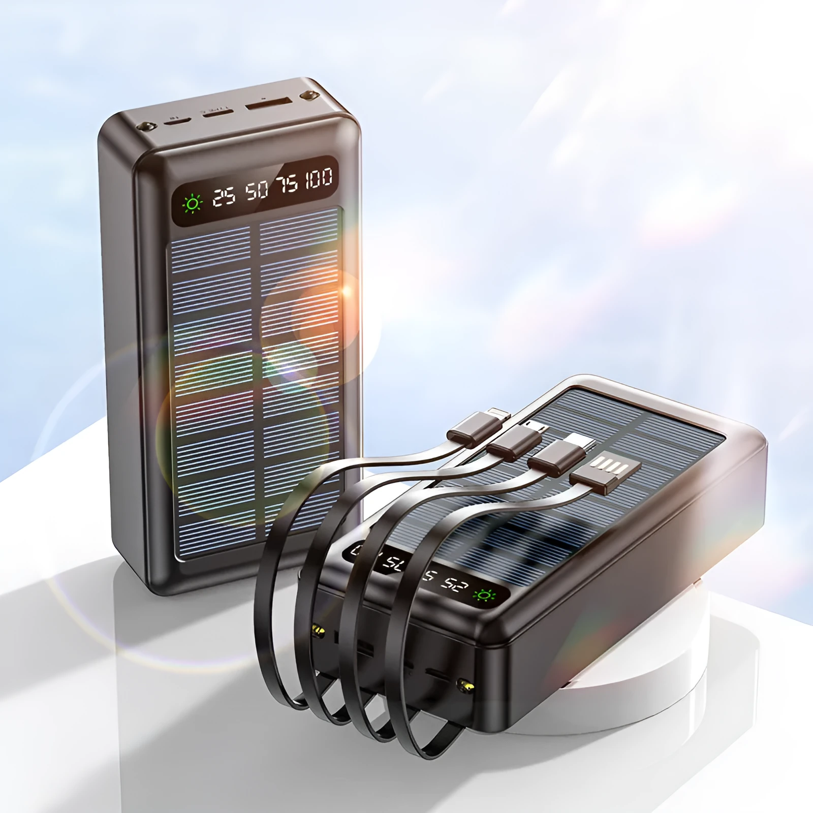 Solar power bank with cable showing industrial design in black, white, and green colours