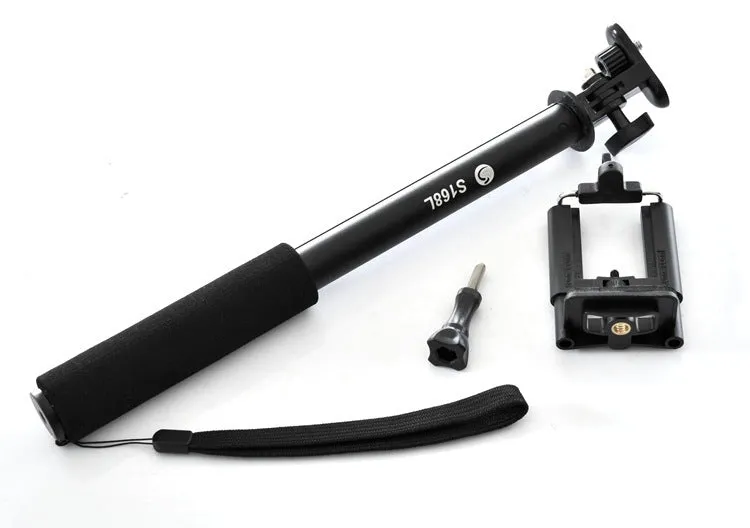 Aluminium alloy selfie stick for mobile phones in black, red, gold, or pink with universal phone clamp