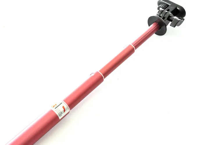 Aluminium alloy selfie stick for mobile phones in black, red, gold, or pink with universal phone clamp