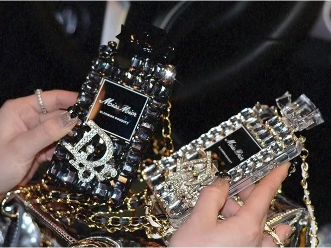Perfume bottle bow design iPhone case with metal chain in black, gold, pink, or transparent colour