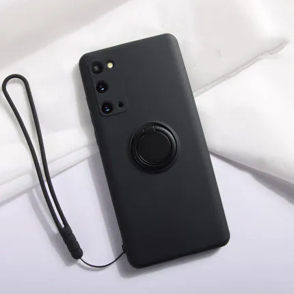 Samsung Galaxy S20 phone in a slim black TPU silicone protective case, showing the back and side fit.