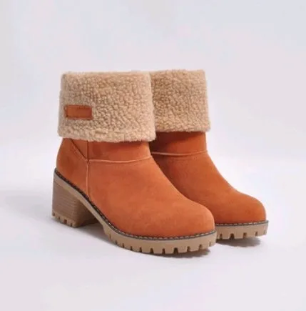 Women's mid-calf suede snow boots in khaki with a round toe and flat heel on a waterproof platform.