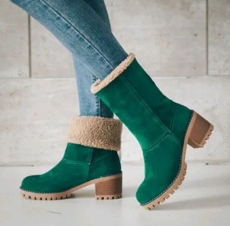 Women's mid-calf suede snow boots in khaki with a round toe and flat heel on a waterproof platform.