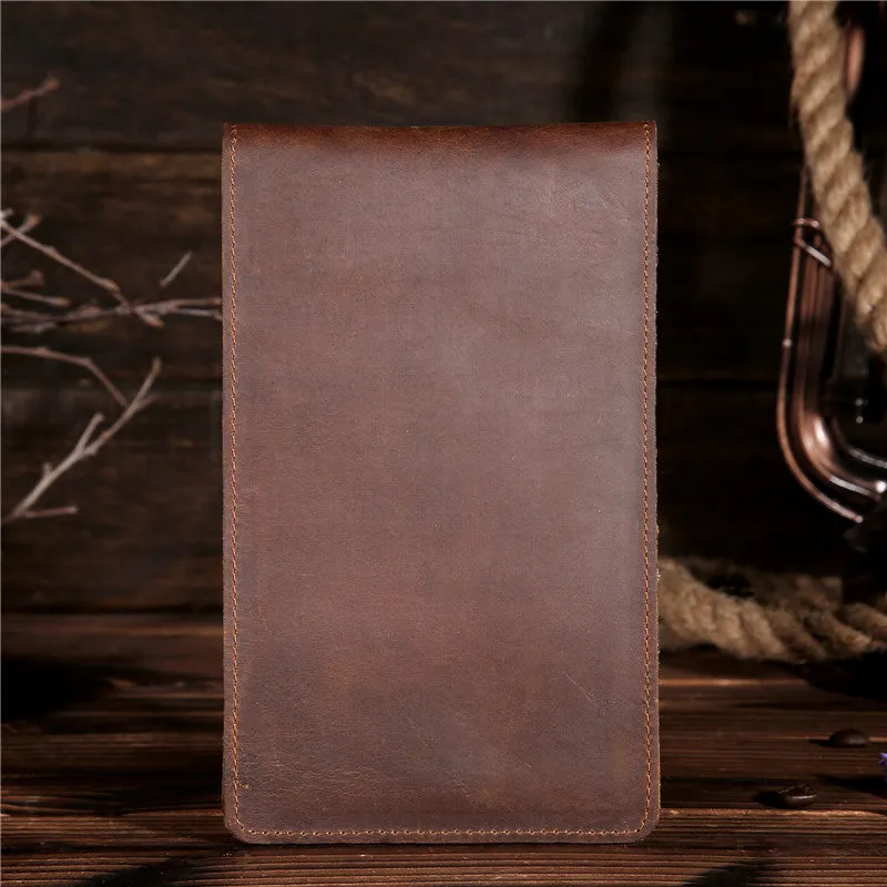 Men's long cowhide leather wallet showing card slots, money pocket, and mobile phone compartment.