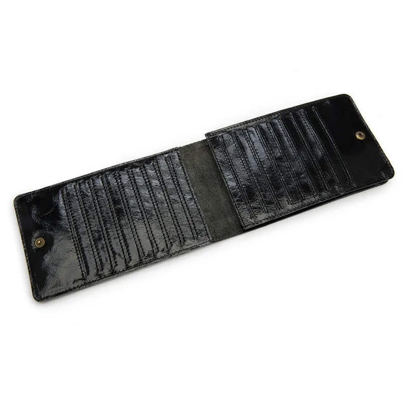 Men's long cowhide leather wallet showing card slots, money pocket, and mobile phone compartment.