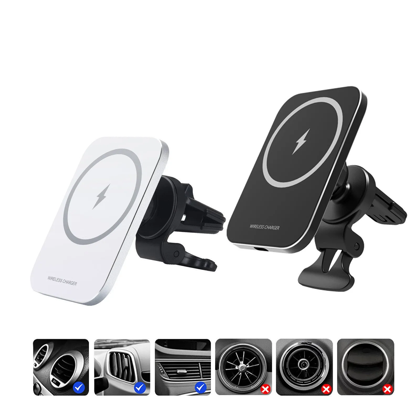 Black or silver 15W magnetic wireless charging car phone holder for Apple iPhone 12 series.