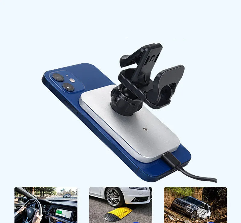 Black or silver 15W magnetic wireless charging car phone holder for Apple iPhone 12 series.