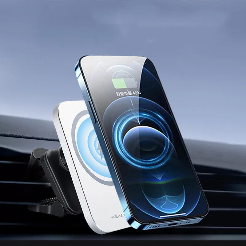 Black or silver 15W magnetic wireless charging car phone holder for Apple iPhone 12 series.