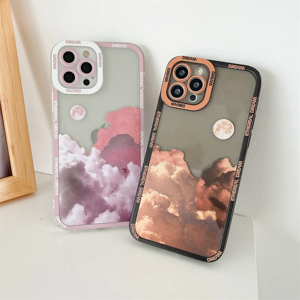 Sunset clouds design TPU protective case for iPhone on a blue background.