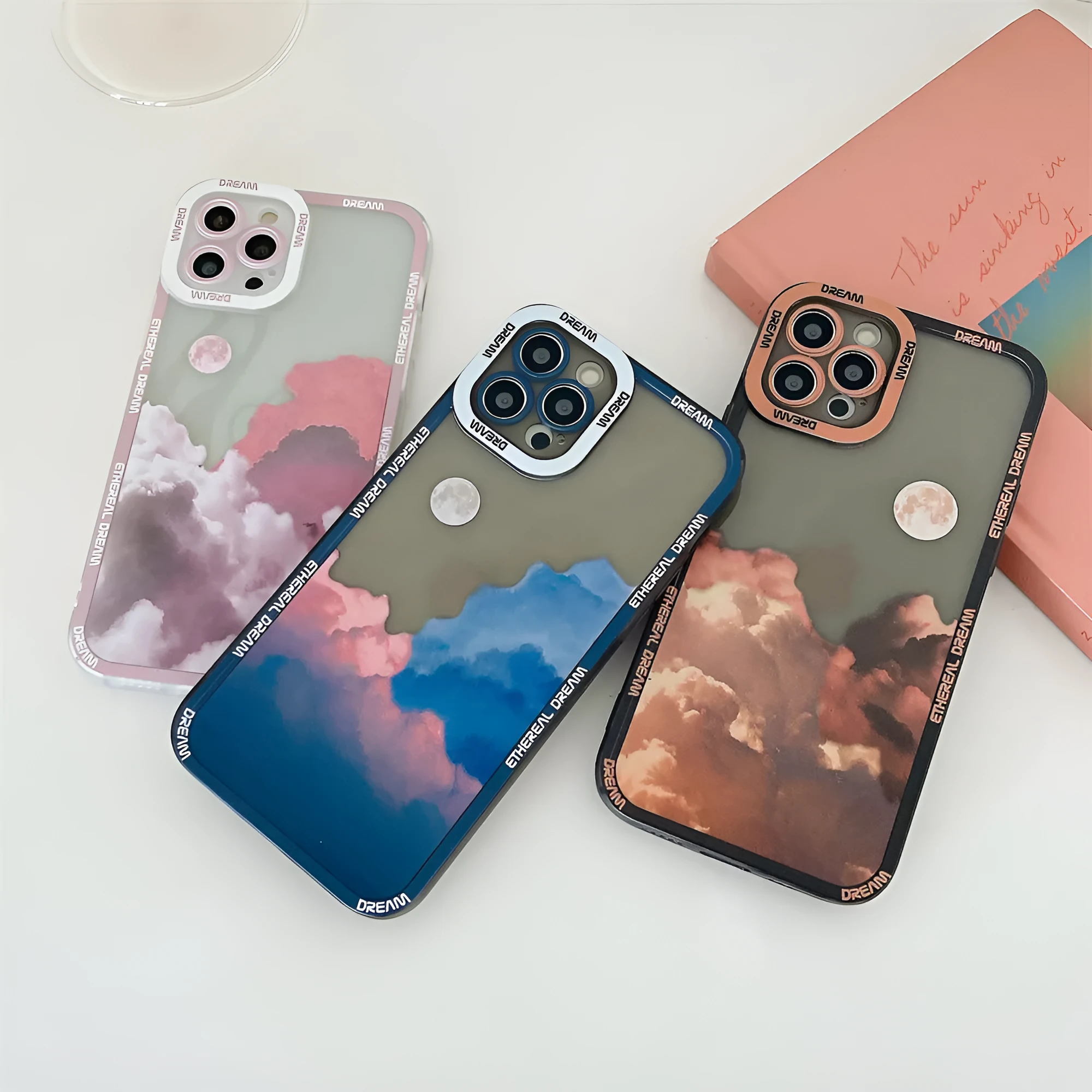 Sunset clouds design TPU protective case for iPhone on a blue background.