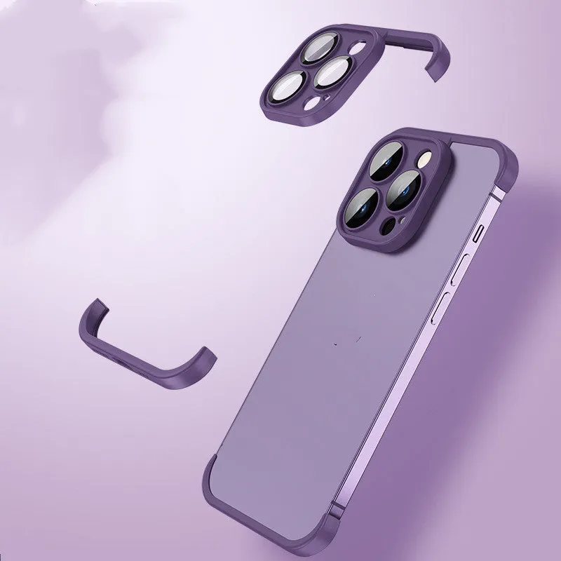 Dark purple TPU mobile phone case for Apple iPhone with corner pads and integrated glass lens film.