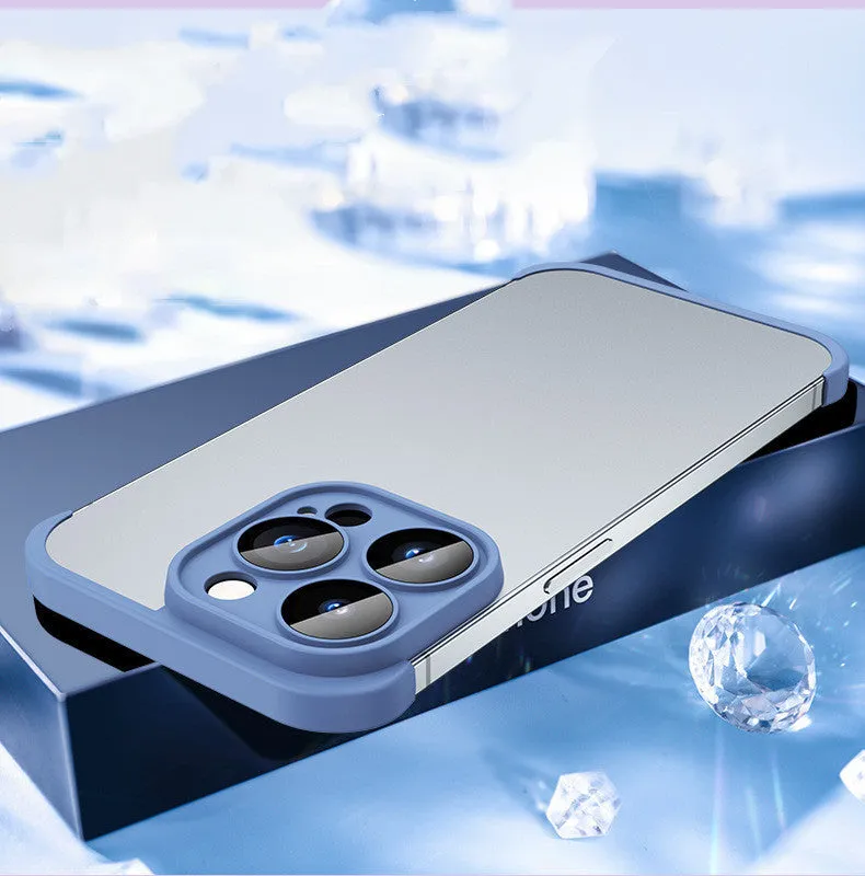 Dark purple TPU mobile phone case for Apple iPhone with corner pads and integrated glass lens film.
